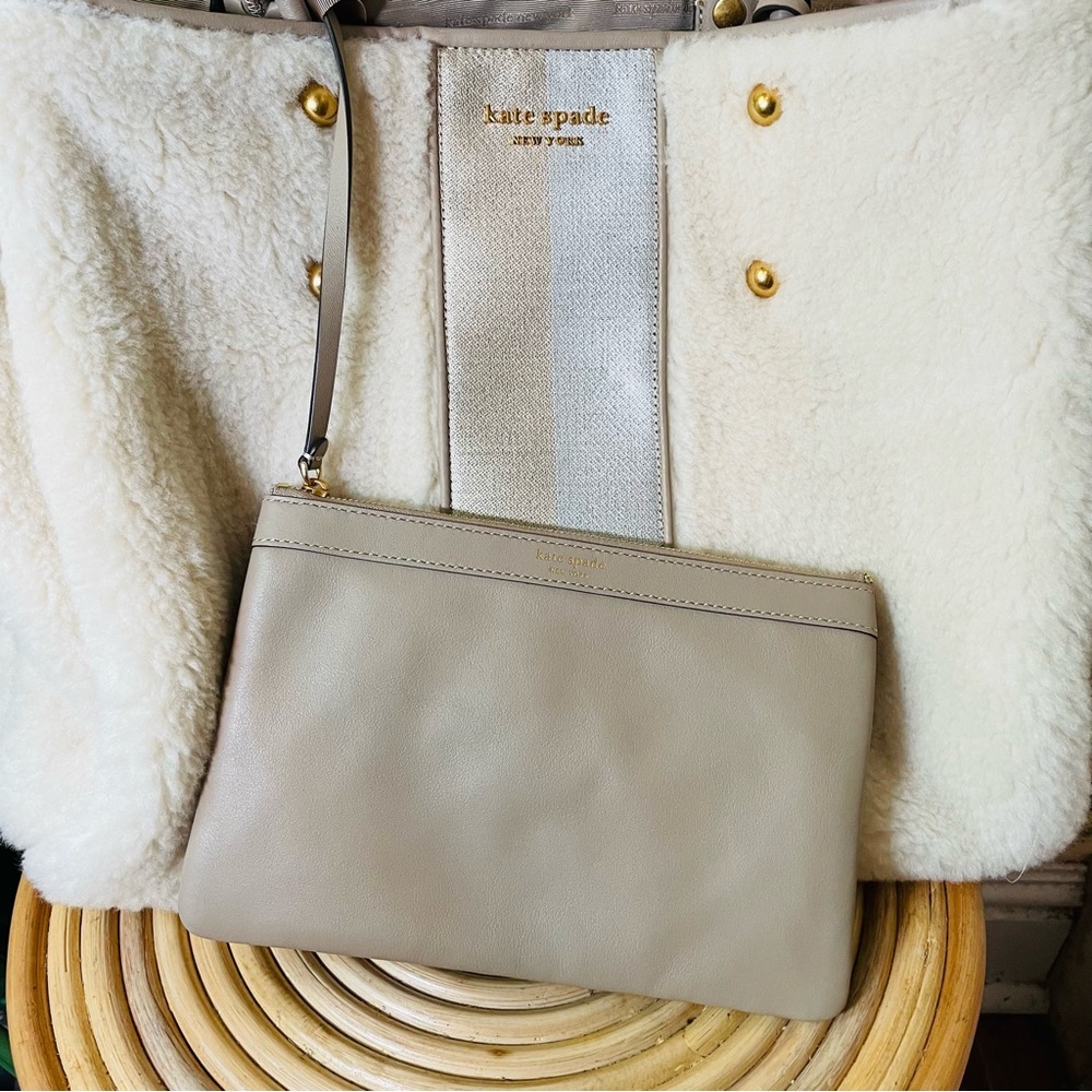 π Kate Spade Everything Racing Stripe Faux Shearling Large Tote Cream Multi Bag - Picture 6 of 11